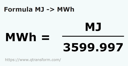 formula Megajoules em Megawatts hora - MJ em MWh