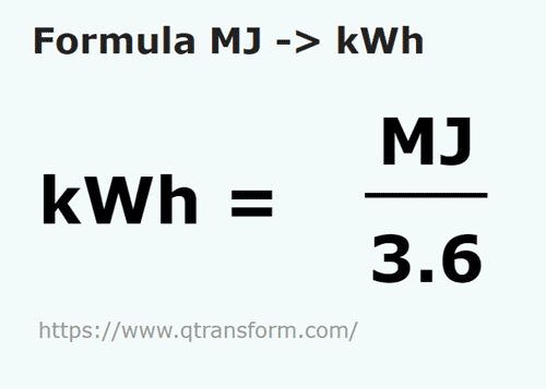 formula мегаджоуль в киловатт час - MJ в kWh