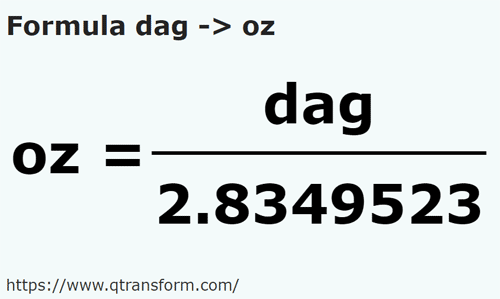 formula Decagramas em Onças - dag em oz