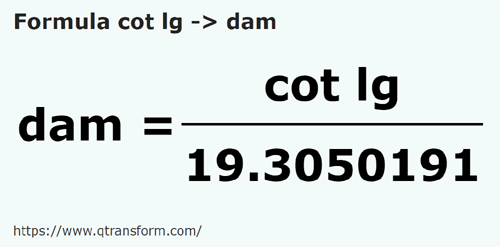 formula Côvados longos em Decâmetros - cot lg em dam
