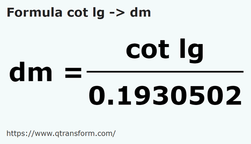 formula Codos largo a Decímetros - cot lg a dm