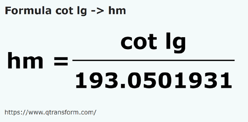 formula Długi łokieć na Hektometry - cot lg na hm