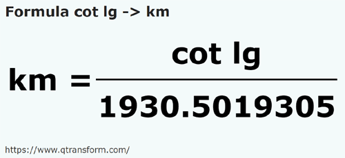 formula Długi łokieć na Kilometry - cot lg na km
