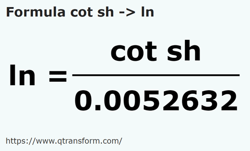 formula Короткий локоть в линия - cot sh в ln