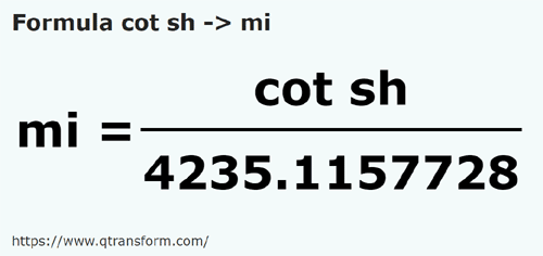 formula Короткий локоть в миля - cot sh в mi
