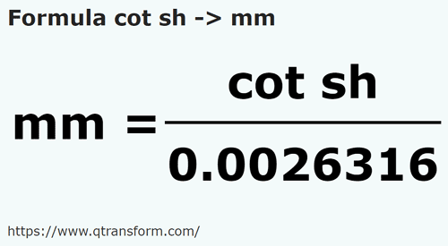 formula Côvados curtos em Milímetros - cot sh em mm