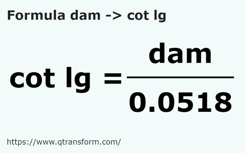 formula декаметр в Длинный локоть - dam в cot lg