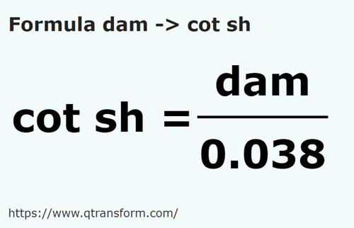 formula Decâmetros em Côvados curtos - dam em cot sh