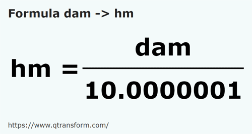 formula Decâmetros em Hectômetros - dam em hm