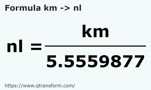 formule Kilomètres en Lieues marines - km en nl