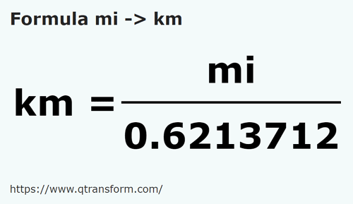 formula Miles to Kilometers - mi to km