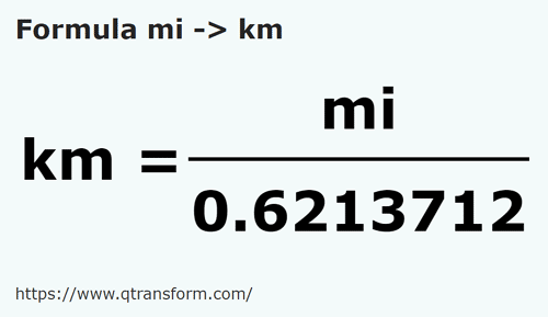 formula Millas a Kilómetros - mi a km