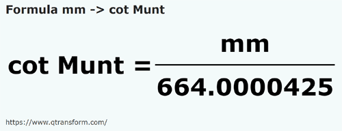 formula Milímetros em Côvados (Muntenia) - mm em cot Munt