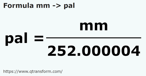 formula миллиметр в Пядь - mm в pal