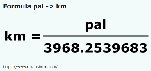 formula Пядь в километр - pal в km