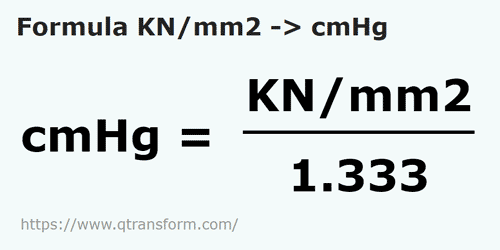 formula Kilonewton/meter persegi kepada Tiang sentimeter merkuri - KN/mm2 kepada cmHg