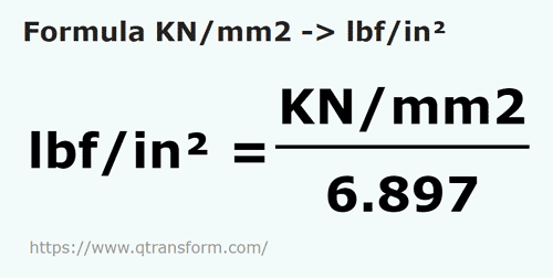 formula килоньютон/квадратный метр в фунт сила / квадратный дюйм - KN/mm2 в lbf/in²