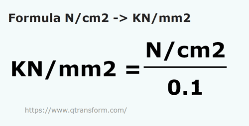 formula Ньютон/квадратный сантиметр в килоньютон/квадратный метр - N/cm2 в KN/mm2