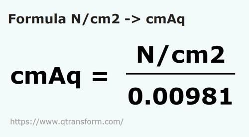formula Newtons pro centímetro cuadrado a Centímetros de columna de agua - N/cm2 a cmAq