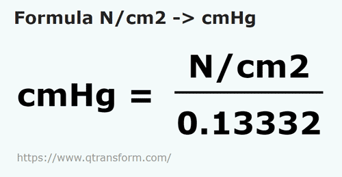 formula Newtons pro centímetro cuadrado a Centímetros de columna de mercurio - N/cm2 a cmHg