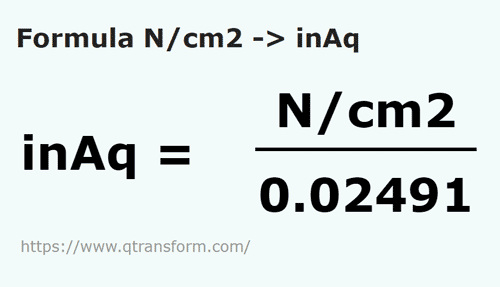 formula Newtons pro centímetro cuadrado a Pulgadas de columna de agua - N/cm2 a inAq