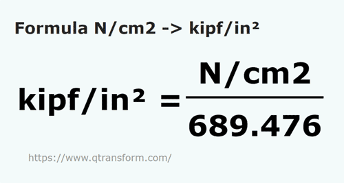 formula Newtons/centímetro quadrado em Kip força/polegada quadrada - N/cm2 em kipf/in²