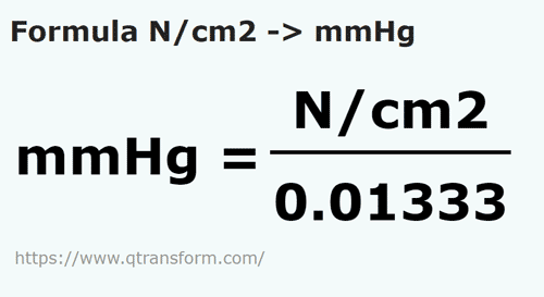 formula Newtons pro centímetro cuadrado a Milímetros de mercurio - N/cm2 a mmHg