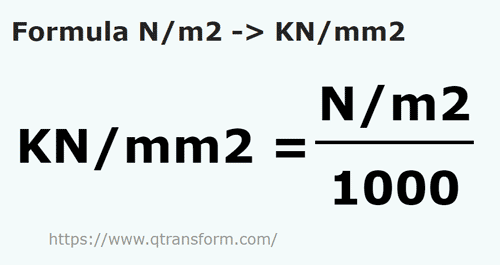 formule Newton / vierkante meter naar Kilonewton / vierkante meter - N/m2 naar KN/mm2