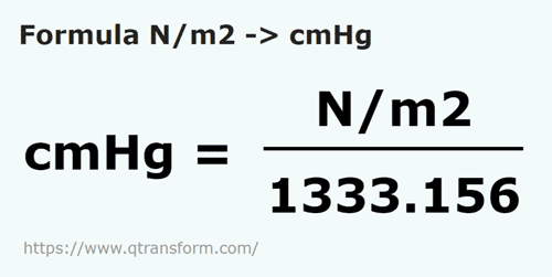 formula Newton/metro quadrato in Centimetri colonna d'mercurio - N/m2 in cmHg