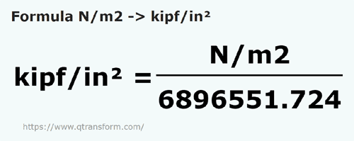 formula Newtons por metro quadrado em Kip força/polegada quadrada - N/m2 em kipf/in²