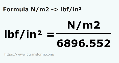 formula Ньютон/квадратный метр в фунт сила / квадратный дюйм - N/m2 в lbf/in²