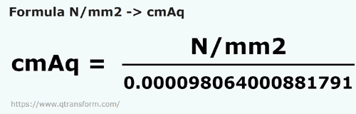 formula Newtons/square millimeter to Centimeters water - N/mm2 to cmAq
