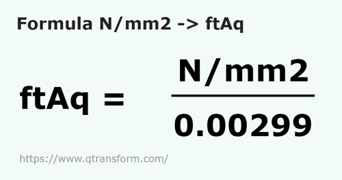 formula Ньютон/квадратный миллиметр в фут на толщу воды - N/mm2 в ftAq