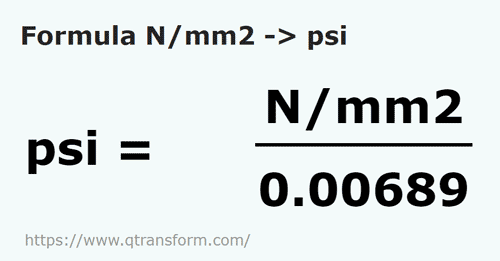 vzorec Newton / čtvereční milimetr na Psi - N/mm2 na psi