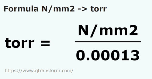 formula Newtons/square millimeter to Torrs - N/mm2 to torr