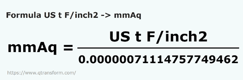 formula Toneladas cortas forza/pulgada cuadrada a Milímetros de columna de agua - US t F/inch2 a mmAq