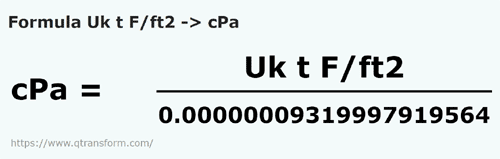 formula Tonelada larga fuerza/pie cuadrado a Centipascal - Uk t F/ft2 a cPa