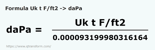 formula Tonelada larga fuerza/pie cuadrado a Decapascales - Uk t F/ft2 a daPa
