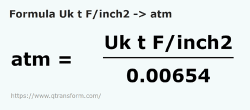 formula Toneladas força longa/polegada quadrada em Atmosferas - Uk t F/inch2 em atm