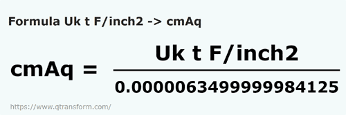 formula Long tons force/square inch to Centimeters water - Uk t F/inch2 to cmAq