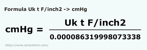 formula Tone lunga forta/inch patrat in Centimetri coloana de mercur - Uk t F/inch2 in cmHg