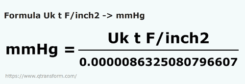 formula Toneladas força longa/polegada quadrada em Colunas milimétrica de mercúrio - Uk t F/inch2 em mmHg