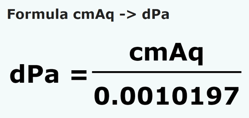 formula сантиметр водяного столба в деципаскаль - cmAq в dPa
