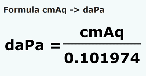 formula Centímetros de coluna de água em Decapascals - cmAq em daPa