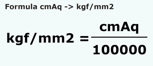 formula Centimetri coloana de apa in Kilograme forta/milimetru patrat - cmAq in kgf/mm2