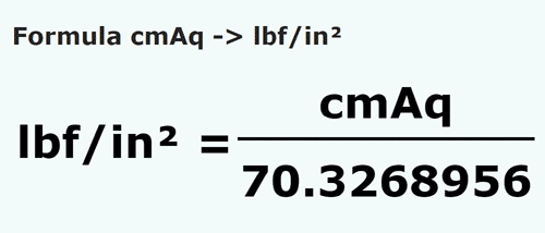 formule Centimtre de colonne d'eau en Livres force par pouce carré - cmAq en lbf/in²