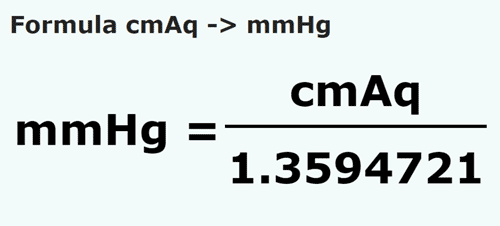 formula Centímetros de coluna de água em Colunas milimétrica de mercúrio - cmAq em mmHg