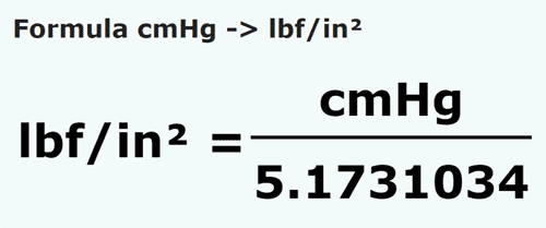 umrechnungsformel Zentimeter quecksilbersäule in Pfundkraft pro Quadratzoll - cmHg in lbf/in²
