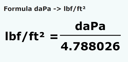 umrechnungsformel Dekapascal in Pfundkraft / Quadratfuß - daPa in lbf/ft²