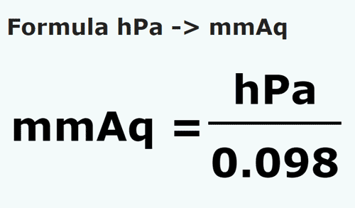 formula Hektopaskaly na Milimetrow słupa wody - hPa na mmAq